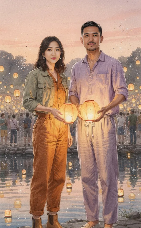 A couple holding glowing paper lanterns at a river festival at night, watercolor