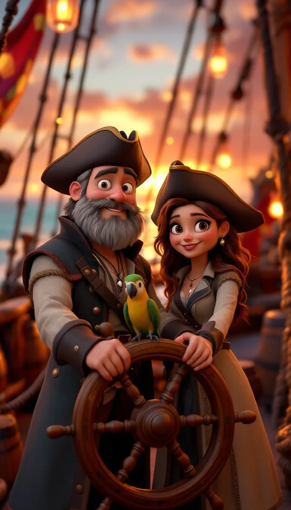 A 3D animated pirate couple at a ship's wheel with a parrot at sunset