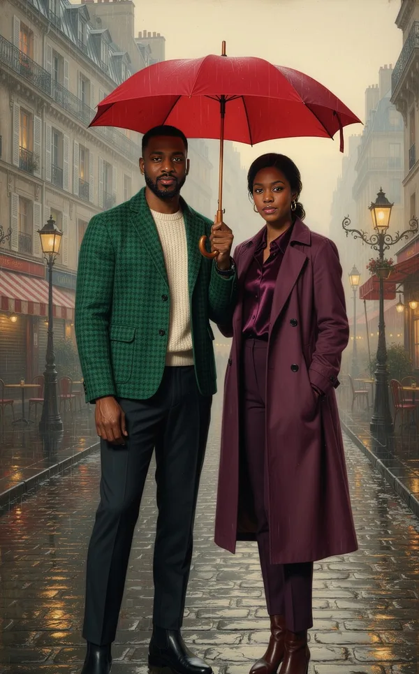 A couple under one red umbrella on a rainy Paris street, painted