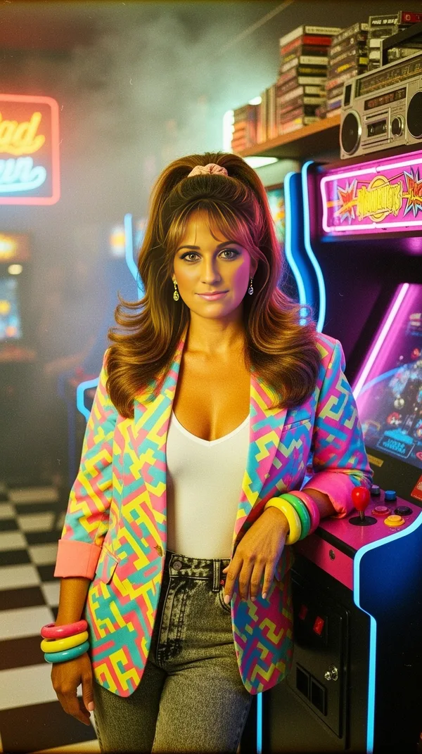 A woman with big curly hair in a neon-colored blazer at a retro arcade