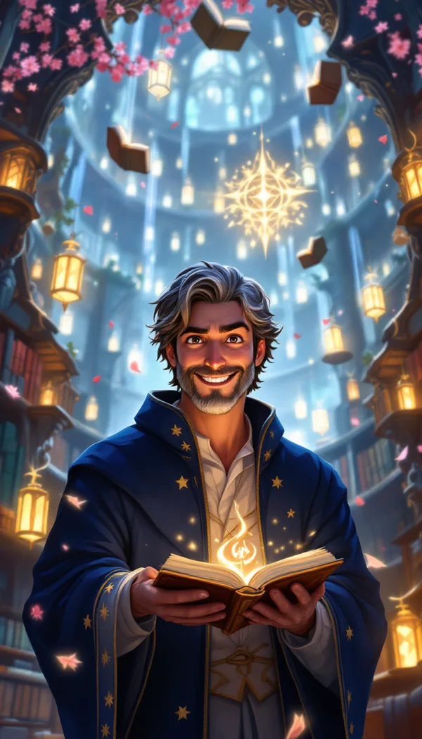 A bearded man as a wizard holding a glowing book in a library of floating books