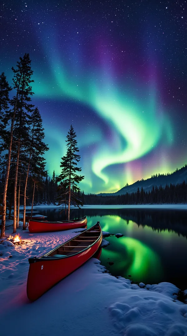 Green and violet northern lights over a frozen lake, with a red canoe, birch trees and a small campfire on the snowy shore.