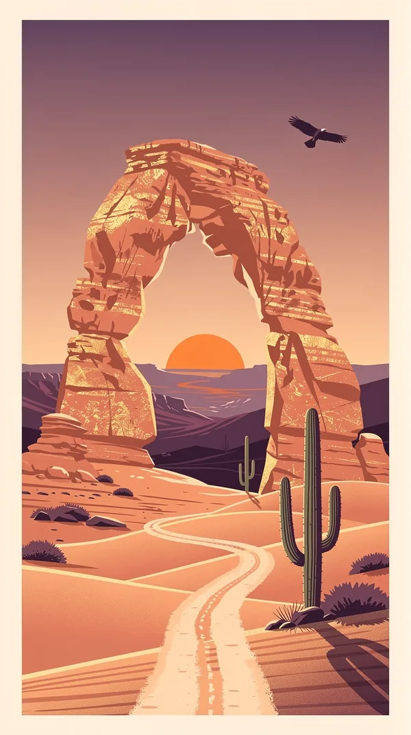 A flat illustration of a sandstone arch framing an orange desert sunset, with a saguaro cactus, dunes and a winding road.