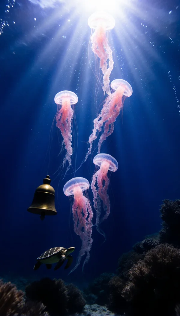 Pink glowing jellyfish rising through deep blue water past a coral ridge, a sunken bell and a sea turtle.