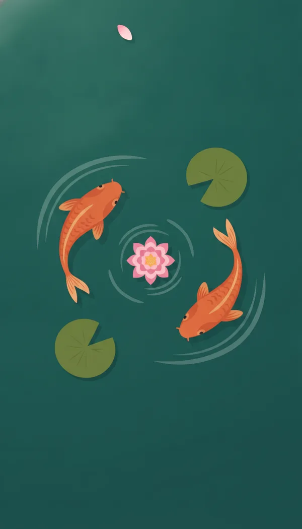 Two orange koi circling in a green pond seen from above, with a pink lotus flower and three lily pads.