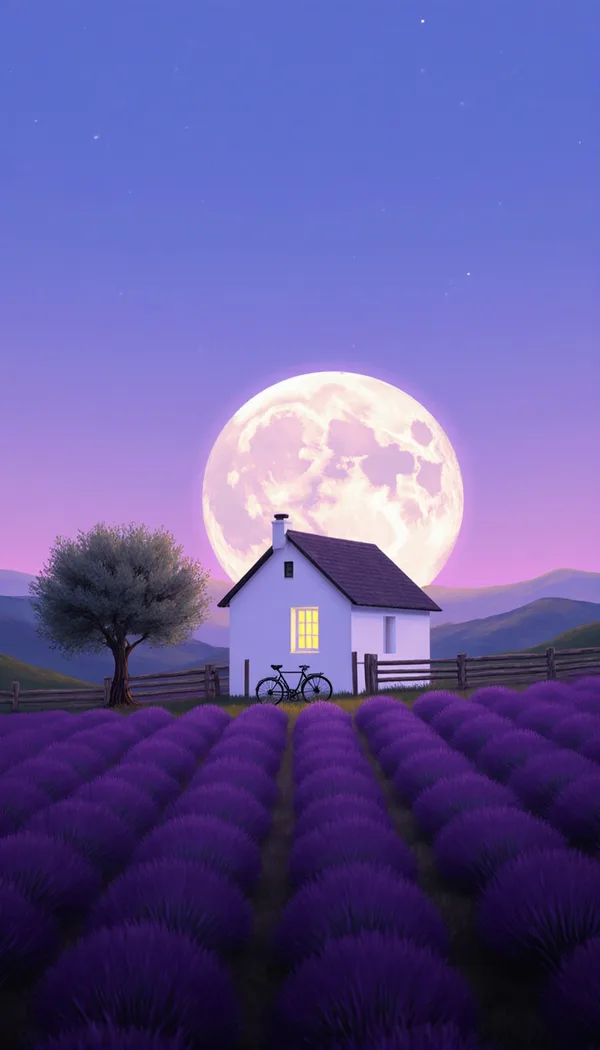 A white farmhouse with one glowing window at the end of a lavender field, with a huge pale moon low over the hills at twilight.