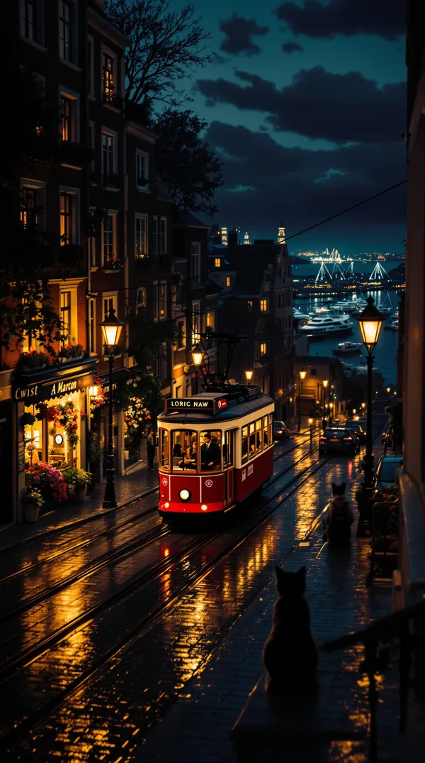 A red tram going down a steep wet street at night, past lit windows and a flower shop, with a glittering harbor below.