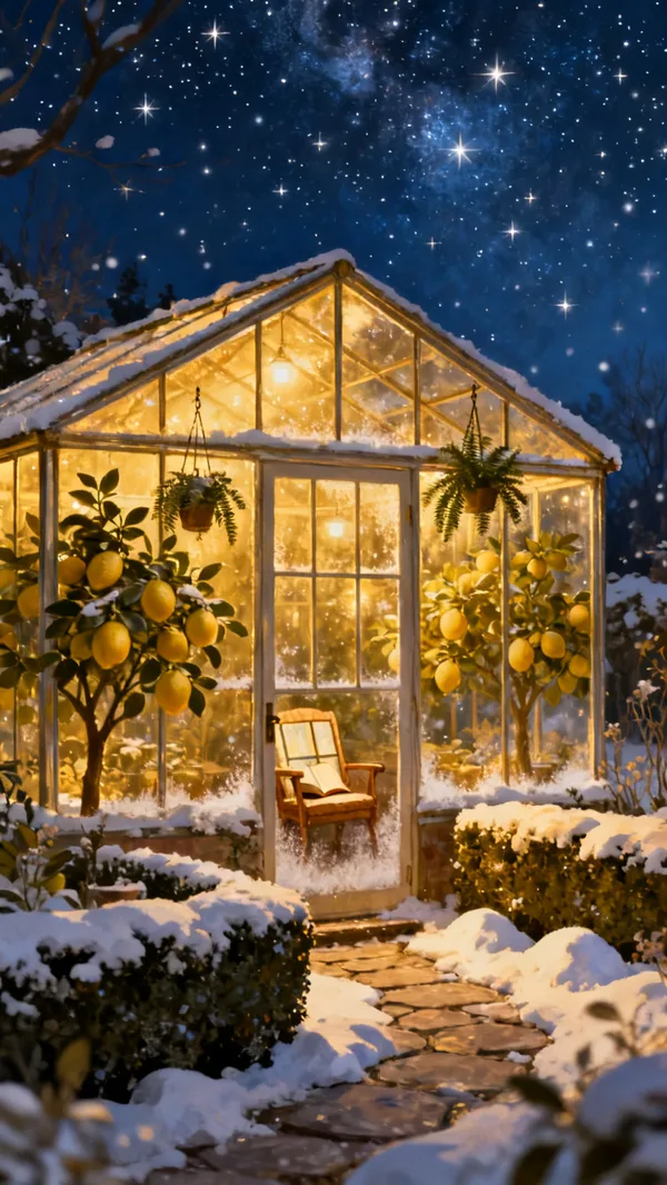 A glowing glass greenhouse full of lemon trees and ferns in a snowy garden under a starry winter sky.