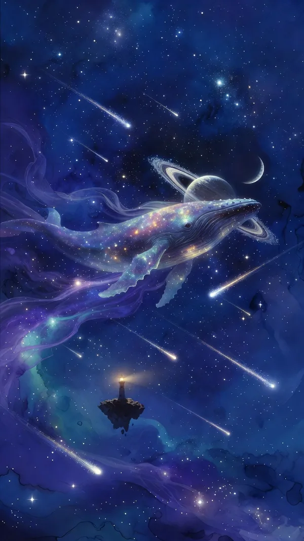 A glowing whale swimming through a sea of stars past a ringed planet